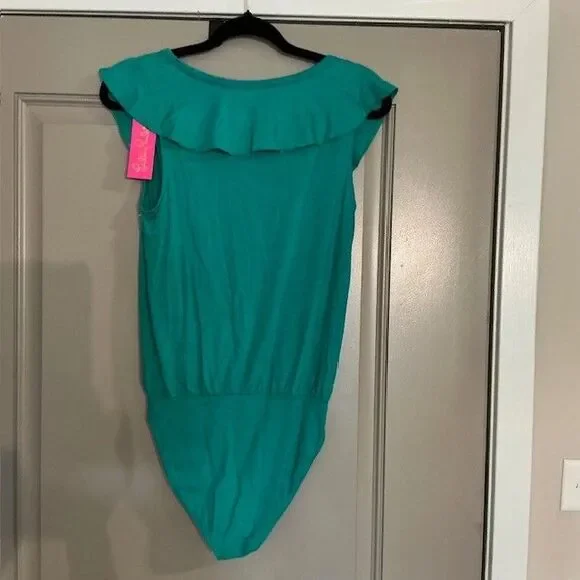 Lilly Pulitzer Caliana Body Suit, Bright Agate Green, Ruffle Neck Sz S NWT *** - Picture 3 of 4